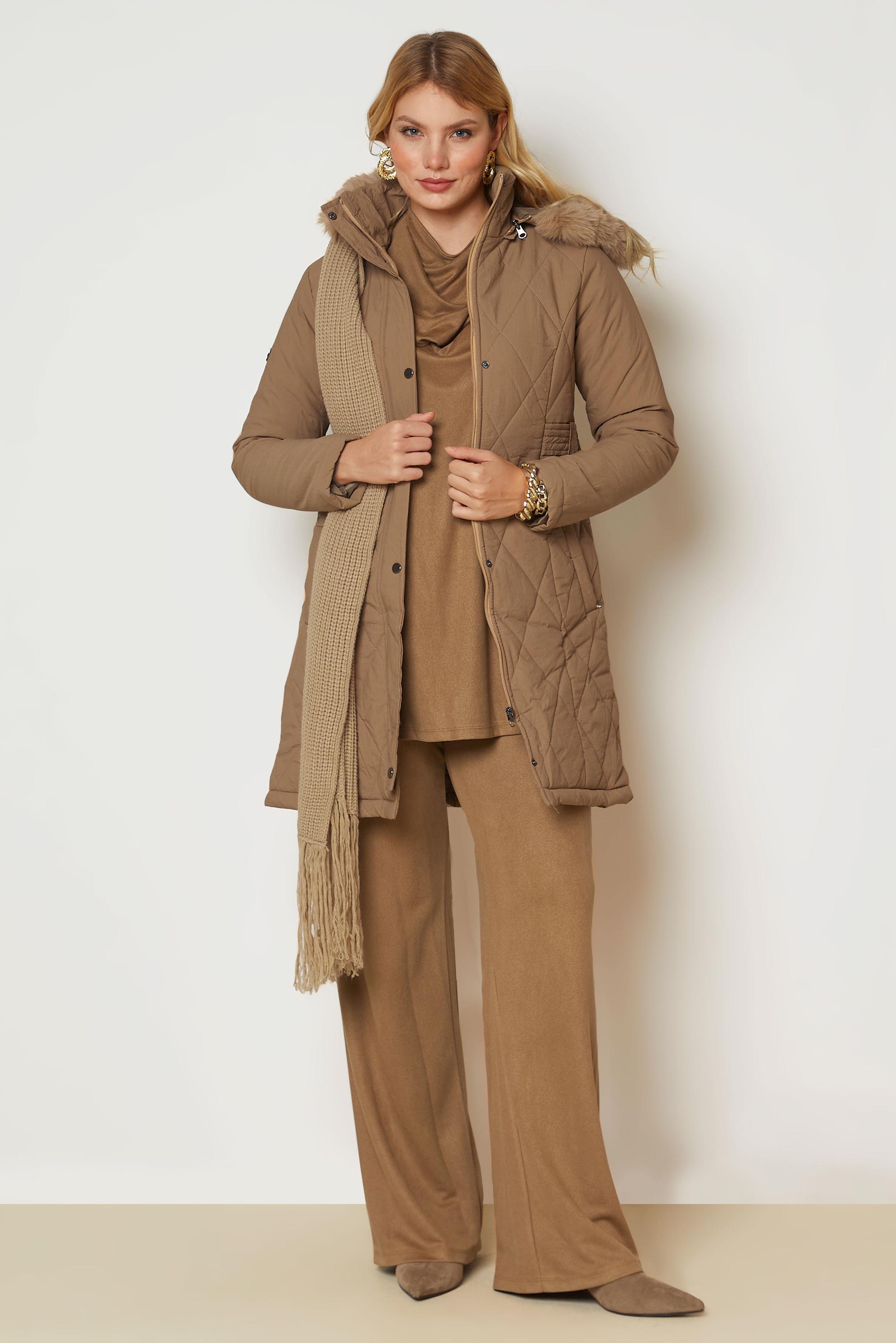 Hijab clothing BROWN HOODED QUILTED COAT 90668