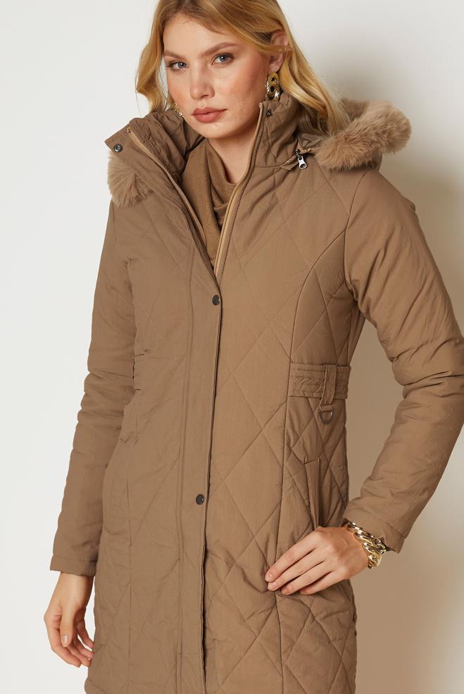 Hijab clothing BROWN HOODED QUILTED COAT 90668 - ALVİNA