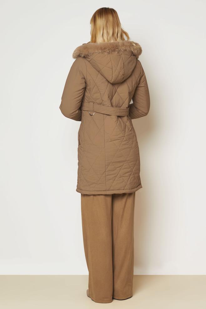 Hijab clothing BROWN HOODED QUILTED COAT 90668 - ALVİNA