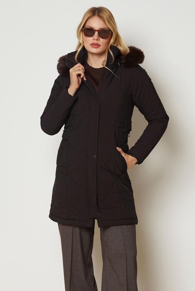 Hijab clothing BROWN HOODED QUILTED COAT 90668 - ALVİNA