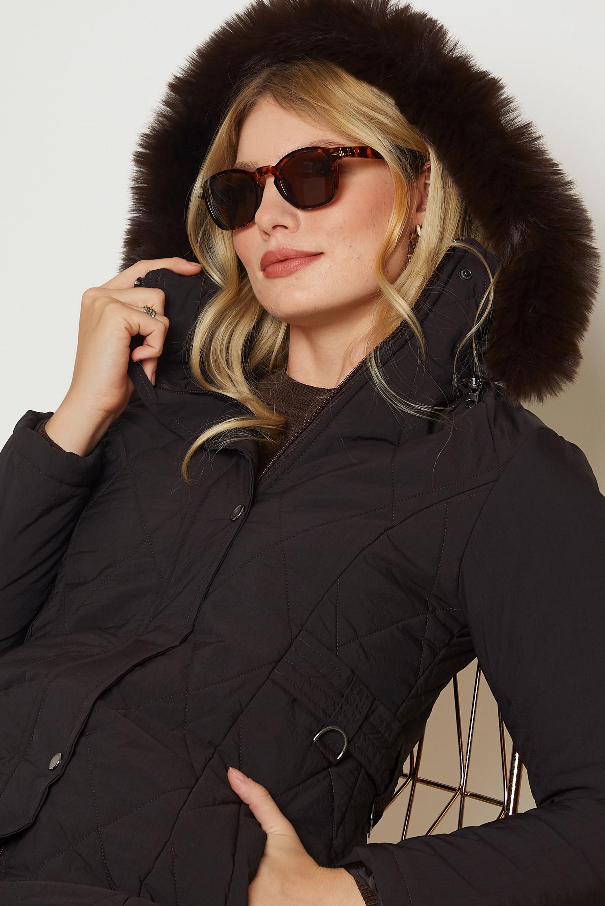 Hijab clothing BROWN HOODED QUILTED COAT 90668