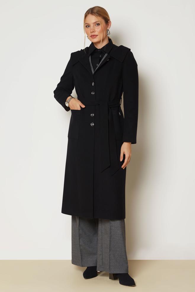 Hijab clothing BLACK BELTED HOODED COAT 90677 - ALVİNA