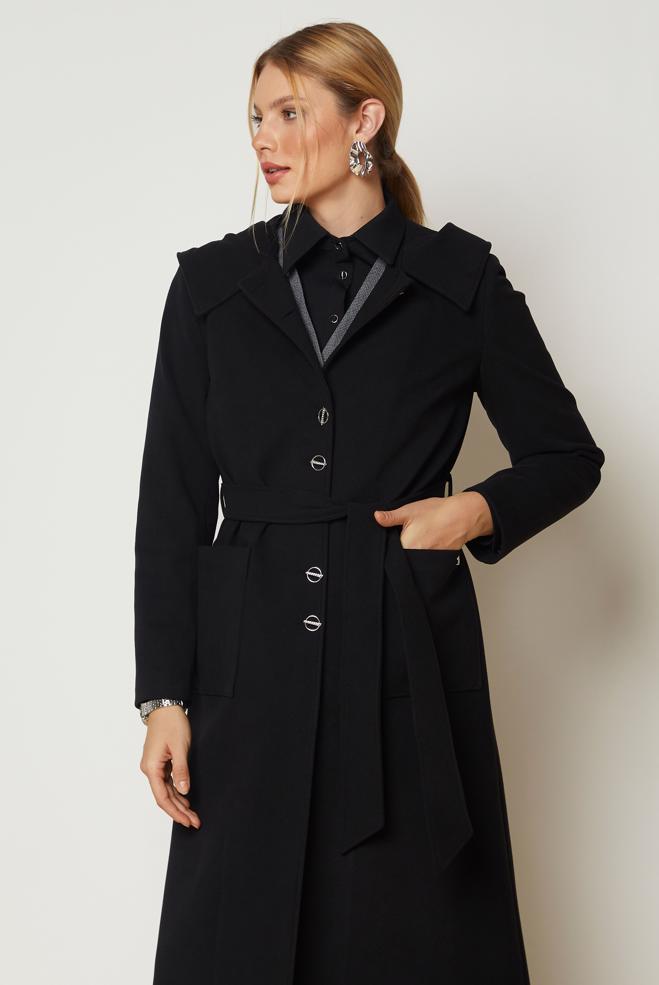 Hijab clothing BLACK BELTED HOODED COAT 90677 - ALVİNA