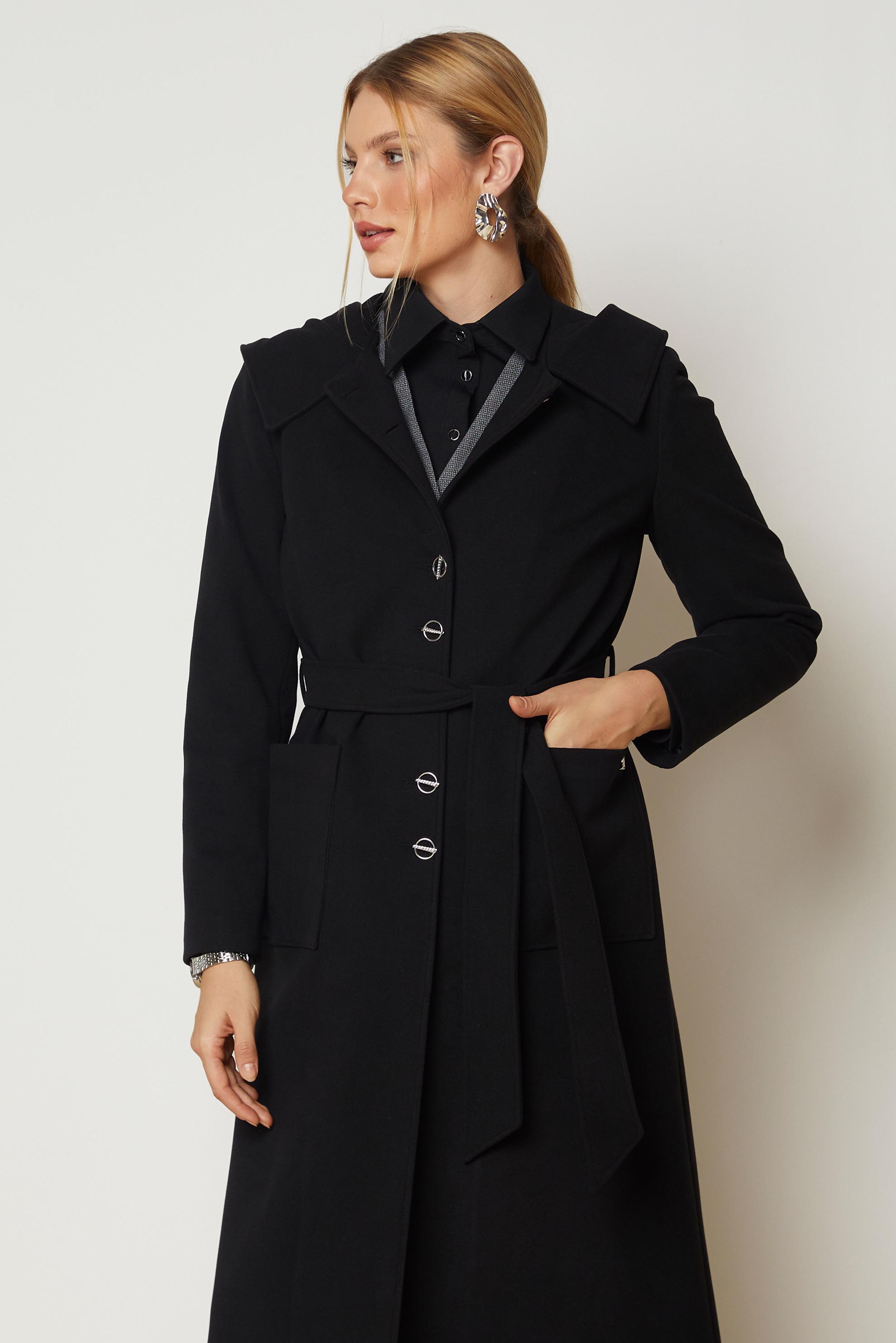 Hijab clothing BLACK BELTED HOODED COAT 90677