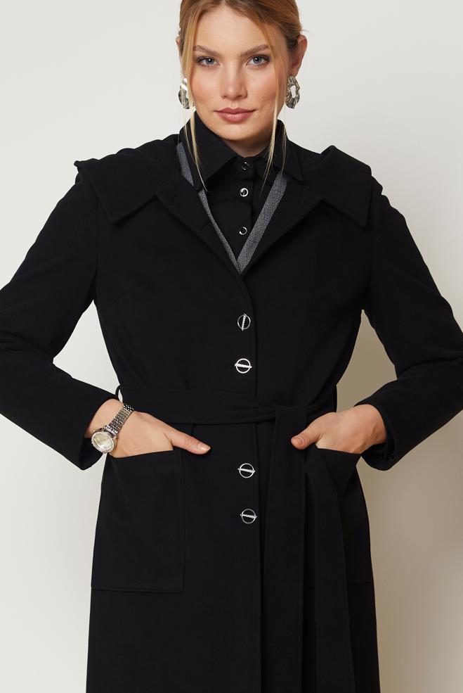 Hijab clothing BLACK BELTED HOODED COAT 90677 - ALVİNA