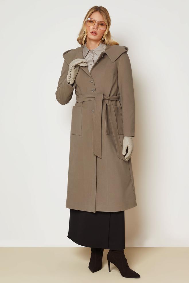 Hijab clothing SAND BELTED HOODED COAT 90677 - ALVİNA