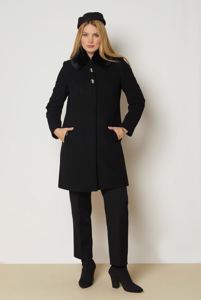 Hijab clothing BLACK FAUX-FUR COLLAR CACHE COAT 90679 - ALVİNA