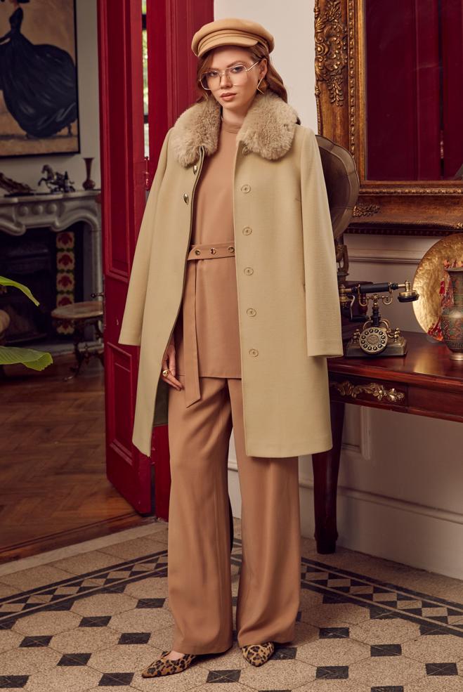 Hijab clothing BROWN FAUX-FUR COLLAR CACHE COAT 90679 - ALVİNA