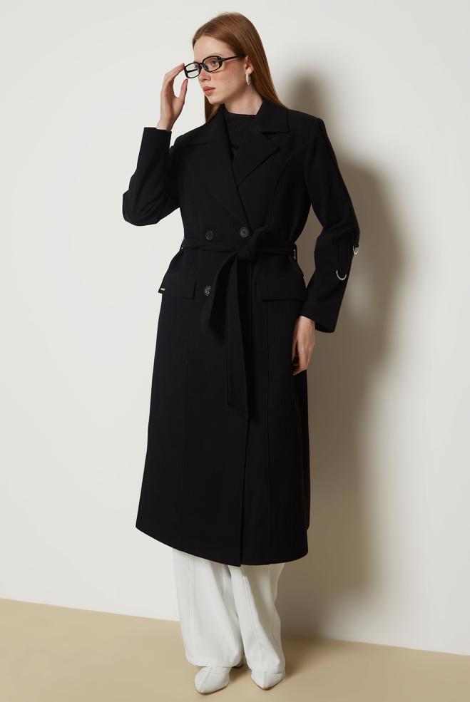 Hijab clothing BLACK BELTED CACHE COAT 90694 - ALVİNA