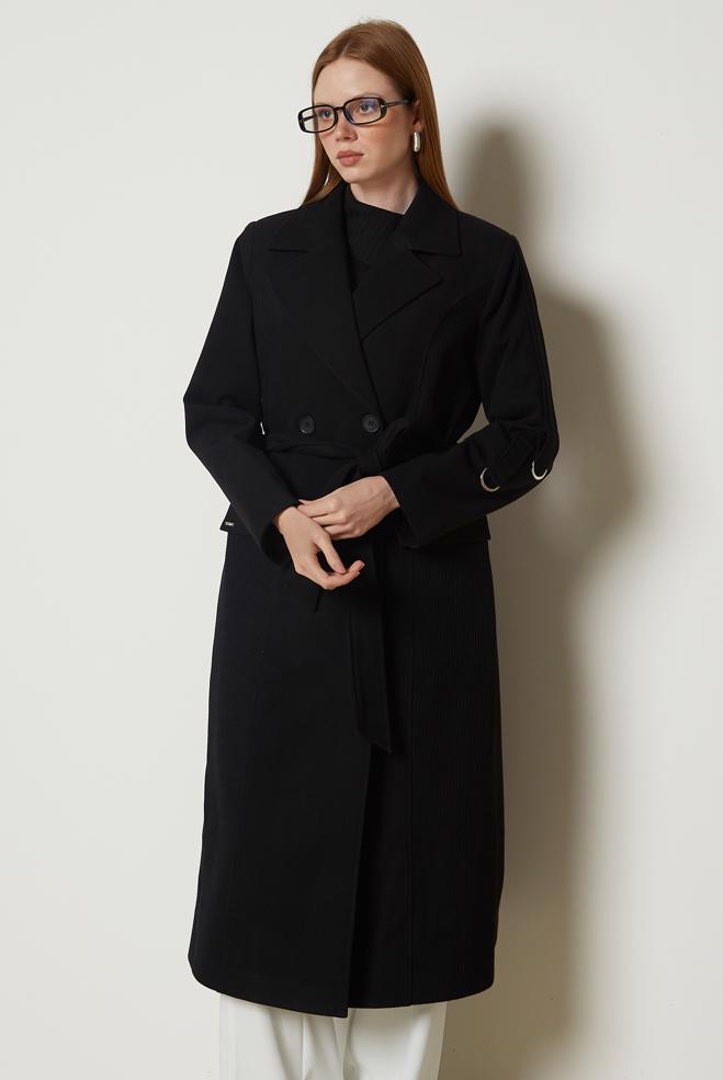 Hijab clothing BLACK BELTED CACHE COAT 90694 - ALVİNA