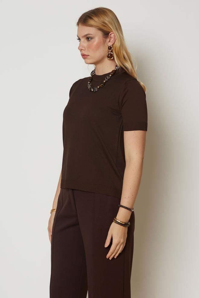 Vêtements hijab BRUN PULL EN MAILLE À MANCHES COURTES 46969 - ALVİNA
