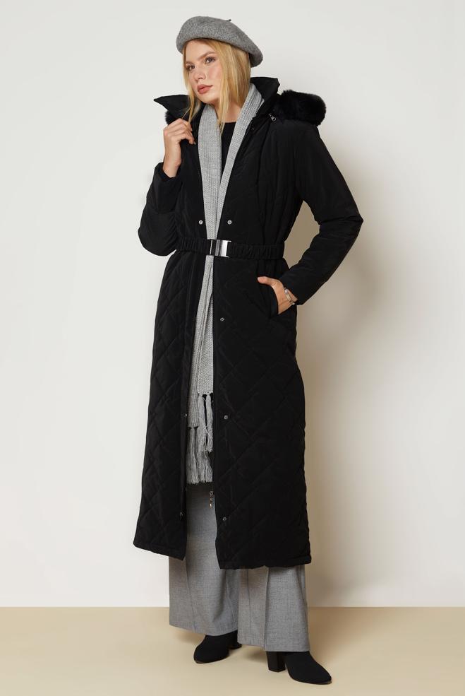 Hijab clothing BLACK BELTED QUILTED COAT 90674 - ALVİNA