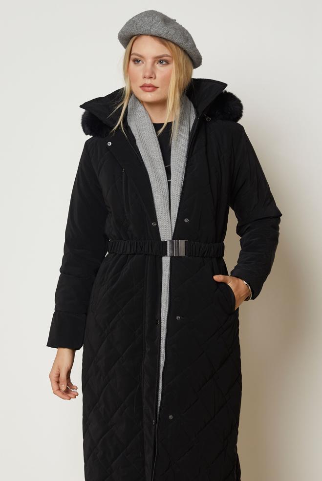 Hijab clothing BLACK BELTED QUILTED COAT 90674 - ALVİNA