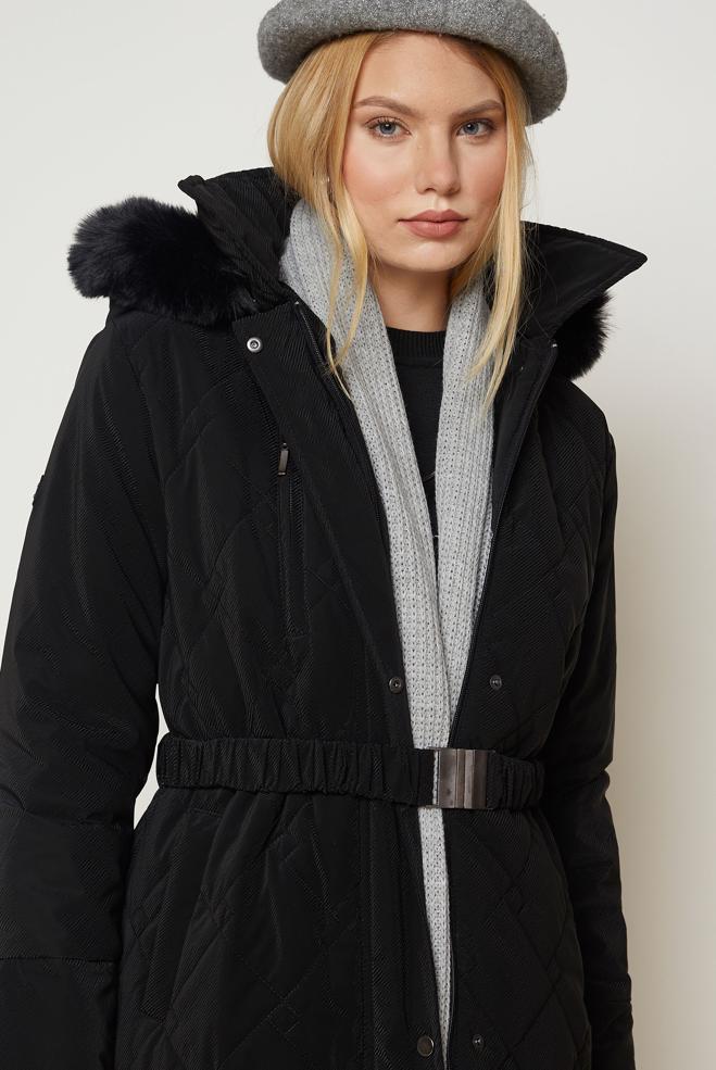Hijab clothing BLACK BELTED QUILTED COAT 90674 - ALVİNA