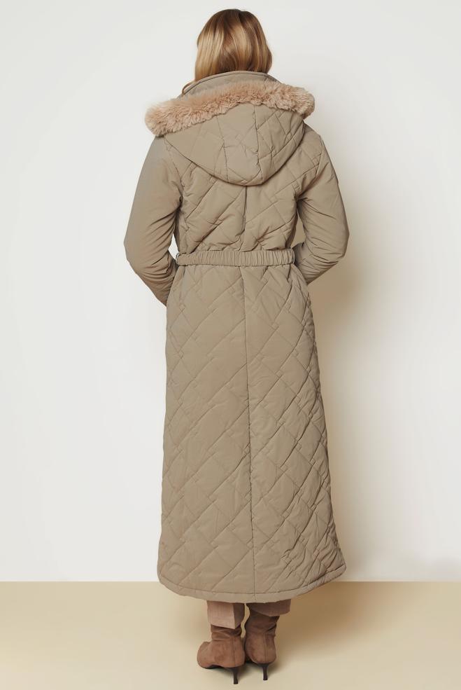 Hijab clothing BROWN BELTED QUILTED COAT 90674 - ALVİNA