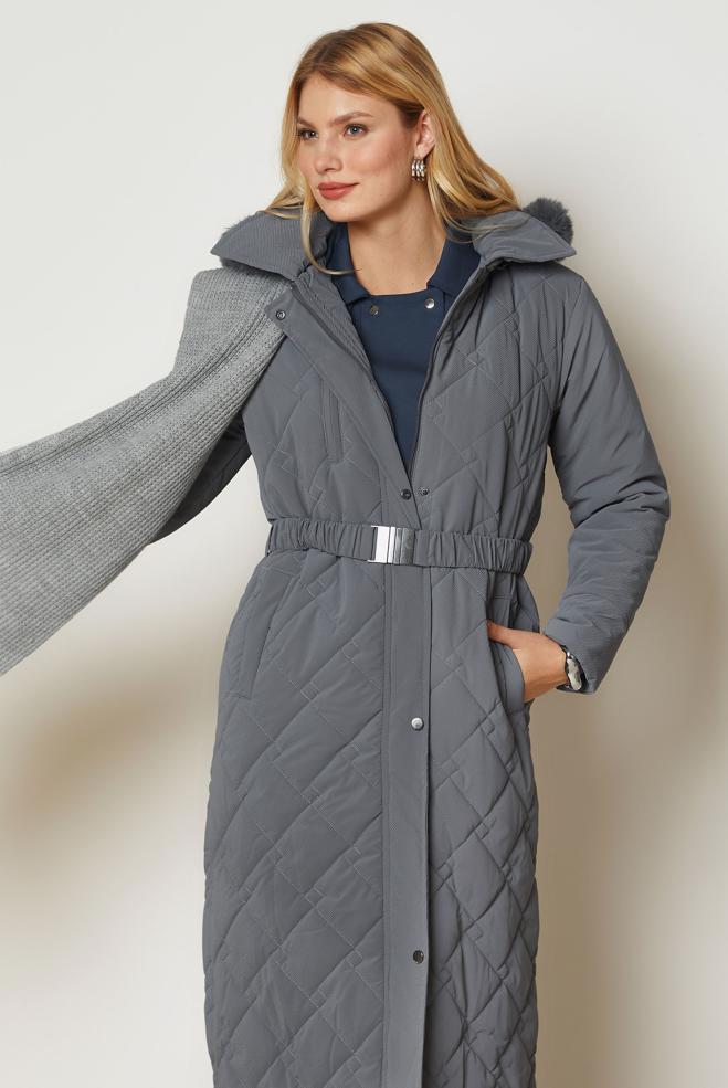 Hijab clothing GREY BELTED QUILTED COAT 90674 - ALVİNA