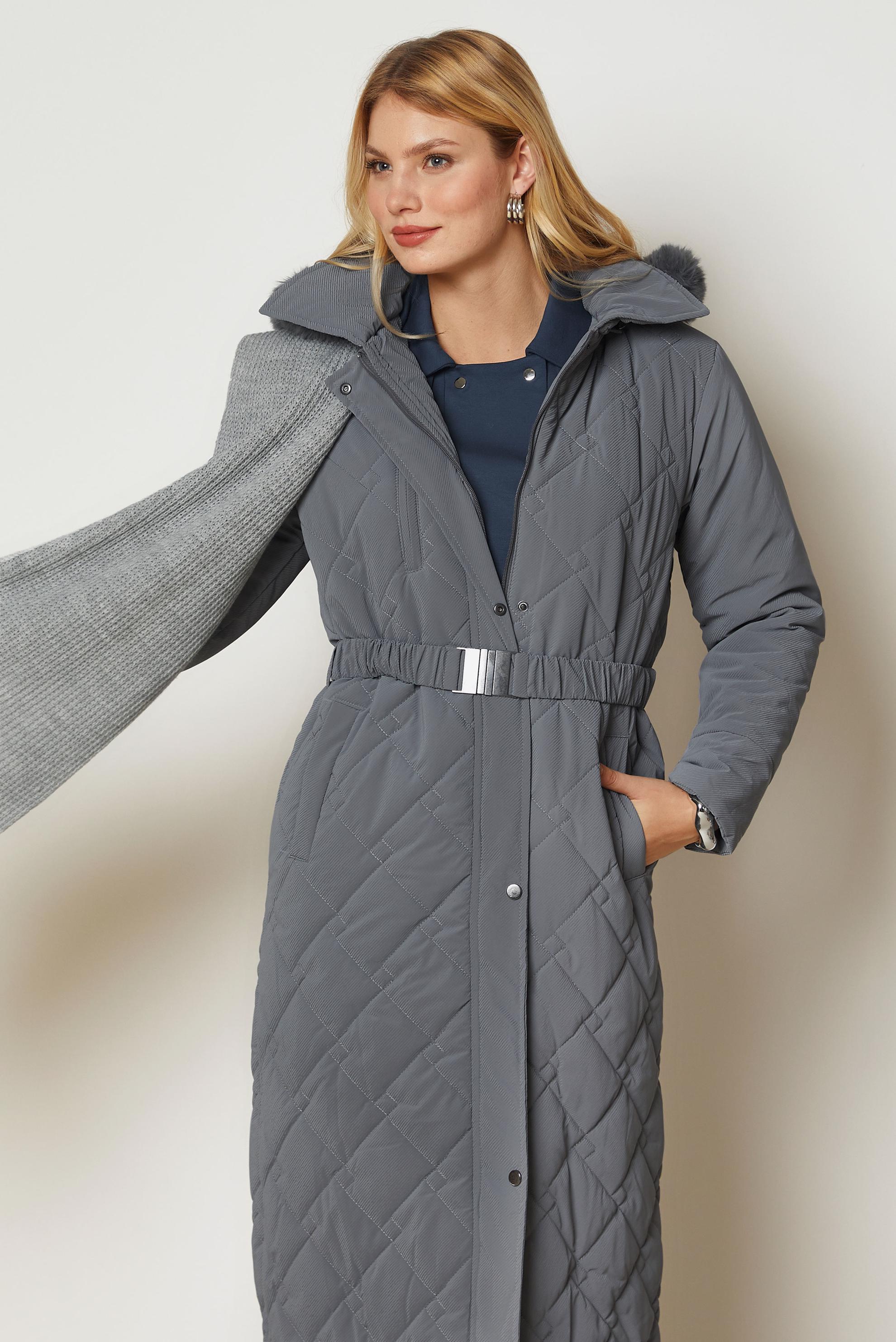 Hijab clothing GREY BELTED QUILTED COAT 90674