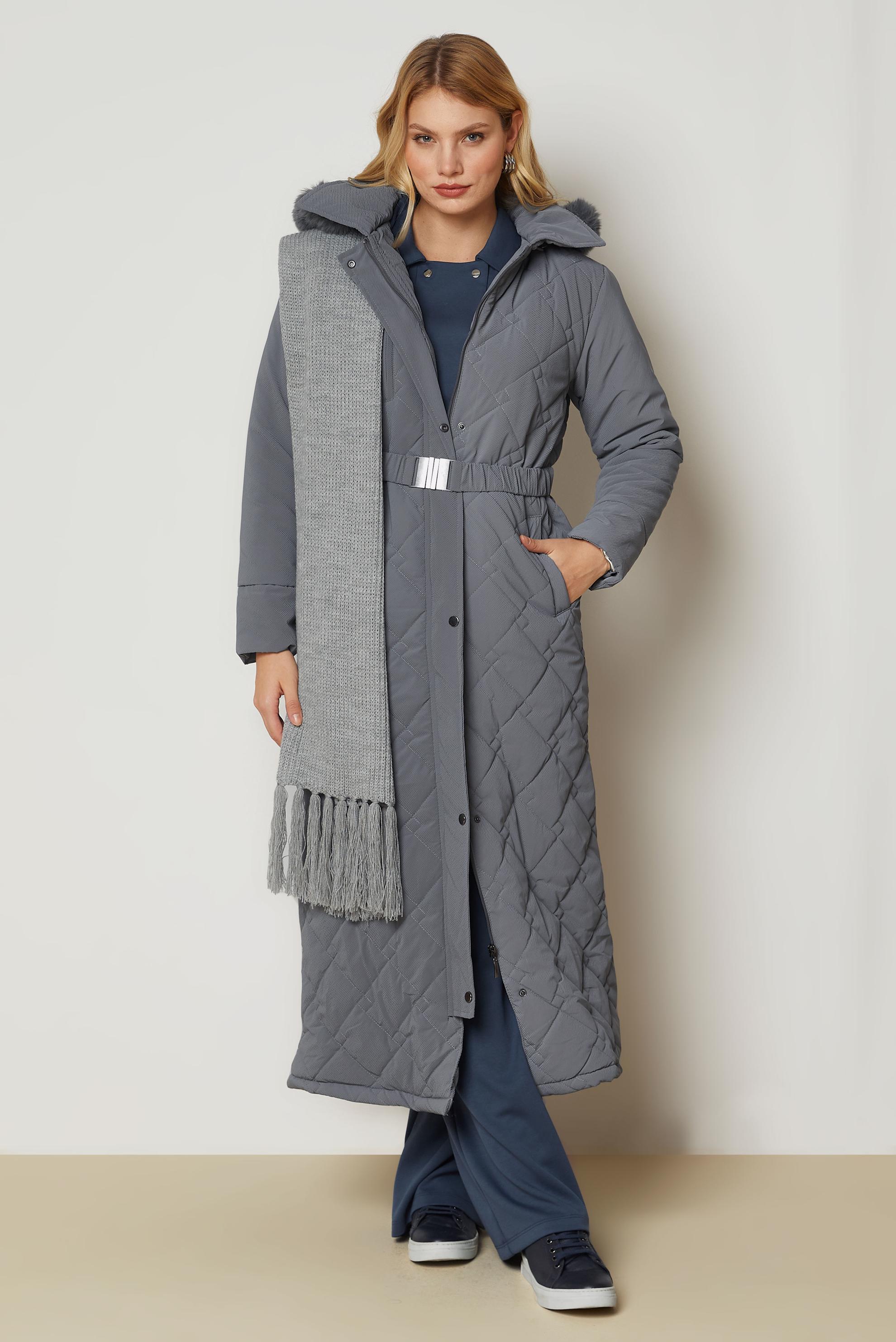 Hijab clothing GREY BELTED QUILTED COAT 90674