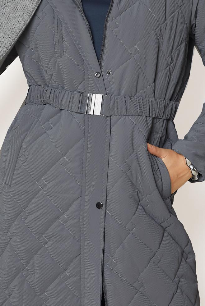 Hijab clothing GREY BELTED QUILTED COAT 90674 - ALVİNA