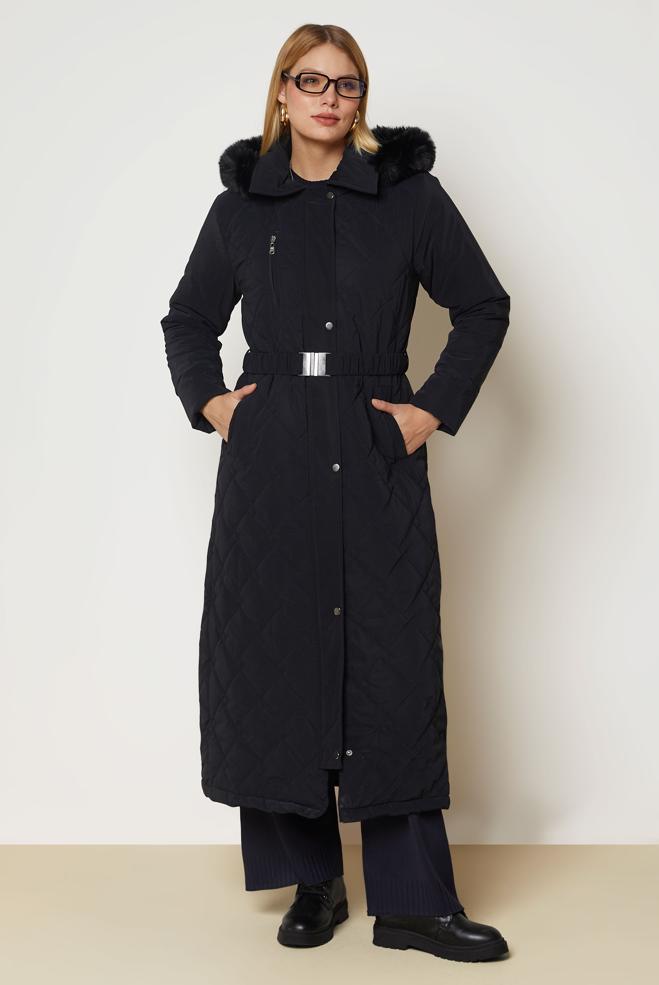 Hijab clothing NAVY BLUE BELTED QUILTED COAT 90674 - ALVİNA