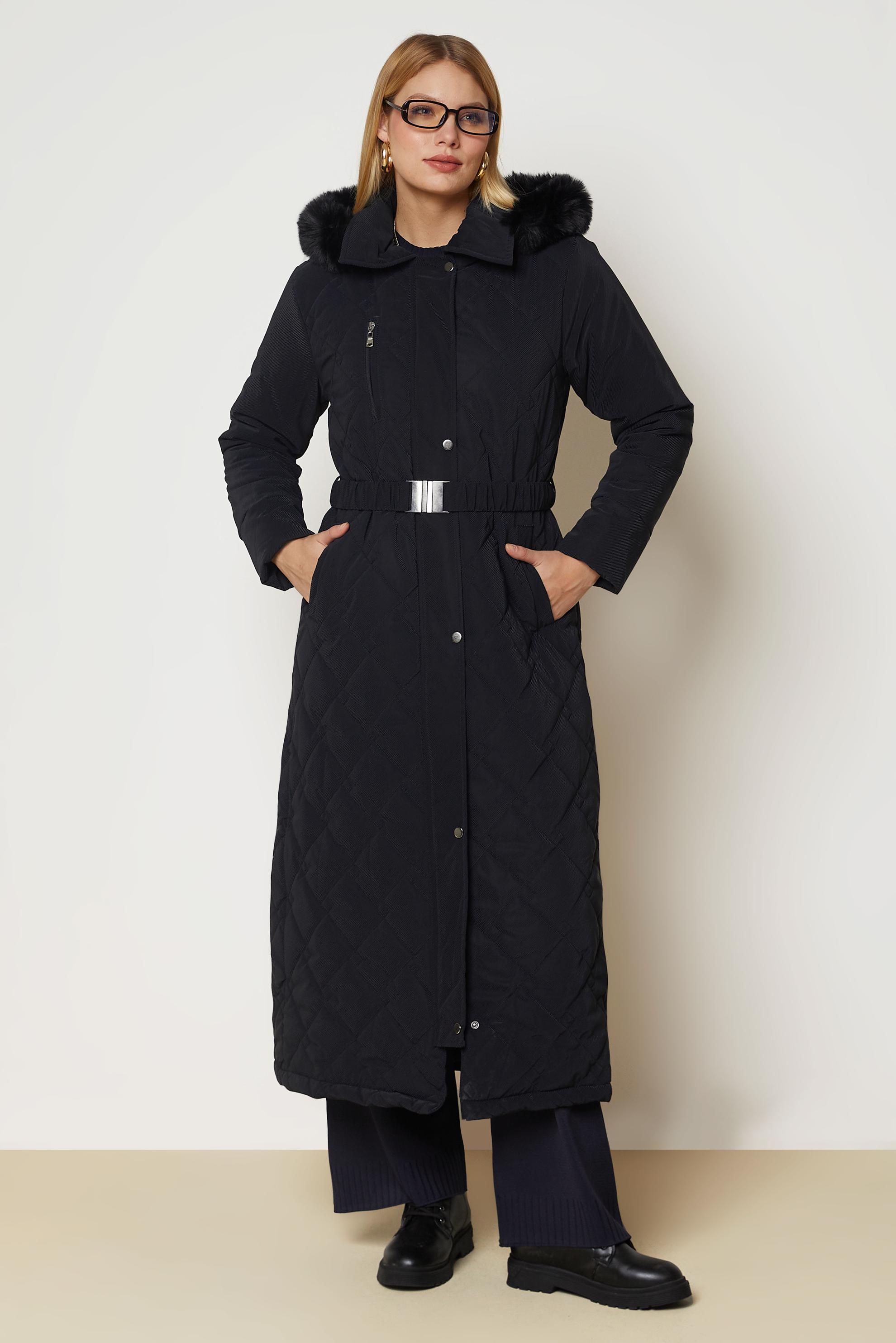 Hijab clothing NAVY BLUE BELTED QUILTED COAT 90674