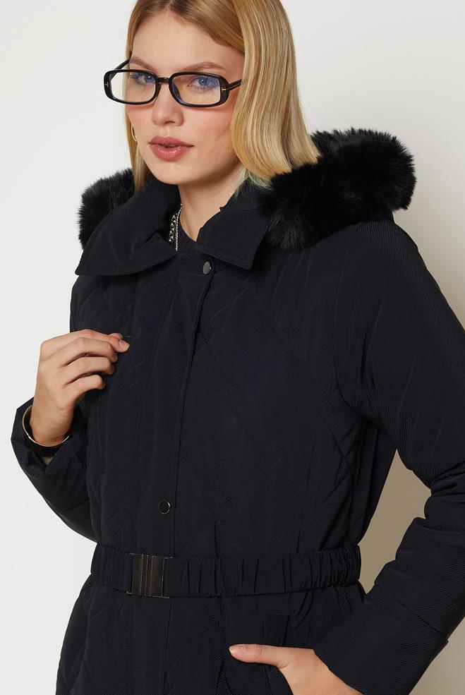 Hijab clothing NAVY BLUE BELTED QUILTED COAT 90674 - ALVİNA