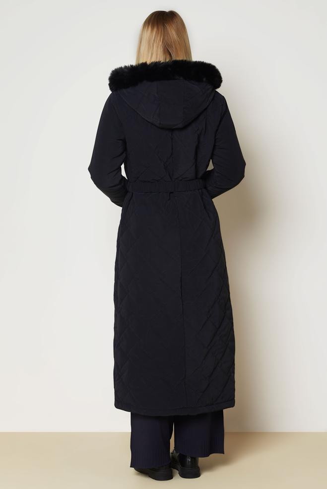Hijab clothing NAVY BLUE BELTED QUILTED COAT 90674 - ALVİNA