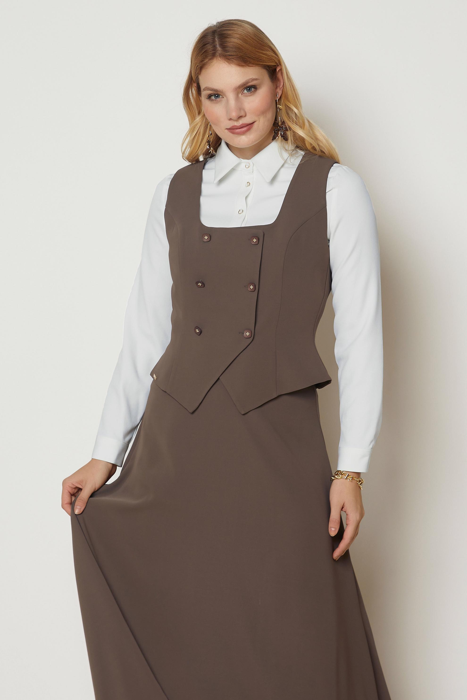 Tesettür giyim KAHVE KARE YAKA ETEKLİ TAKIM 47046