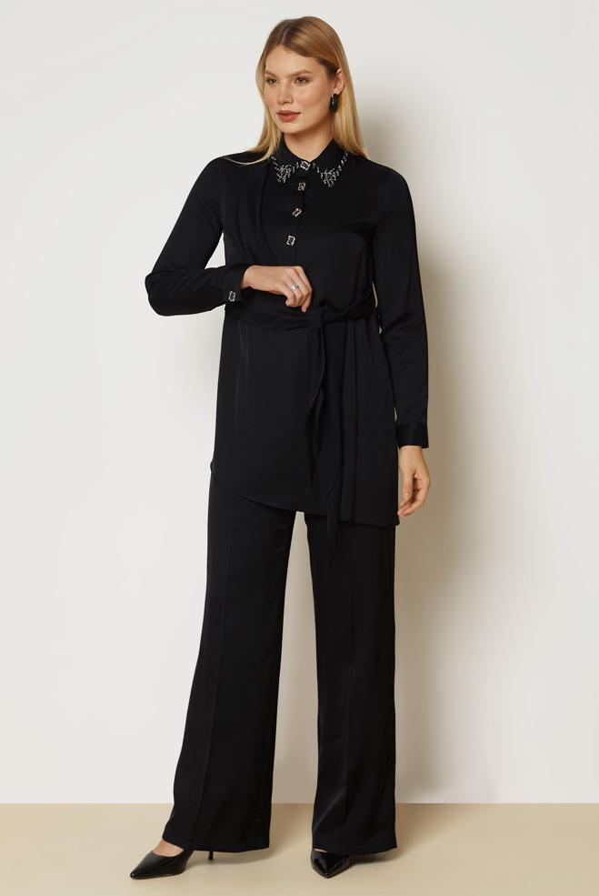 Hijab clothing BLACK TIED SATIN PANTSUIT 46891 - ALVİNA