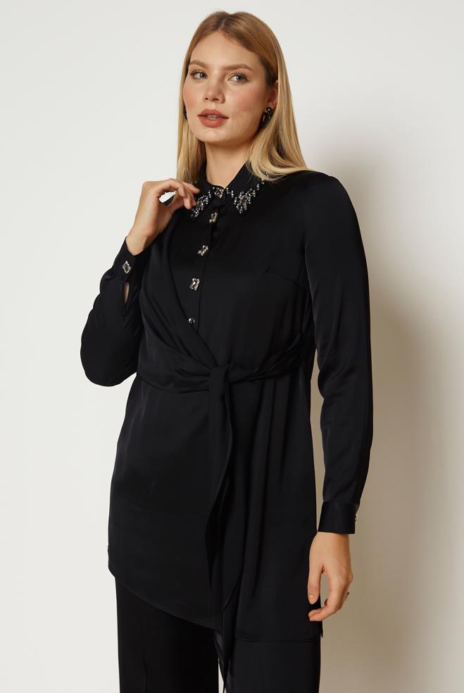 Hijab clothing BLACK TIED SATIN PANTSUIT 46891 - ALVİNA