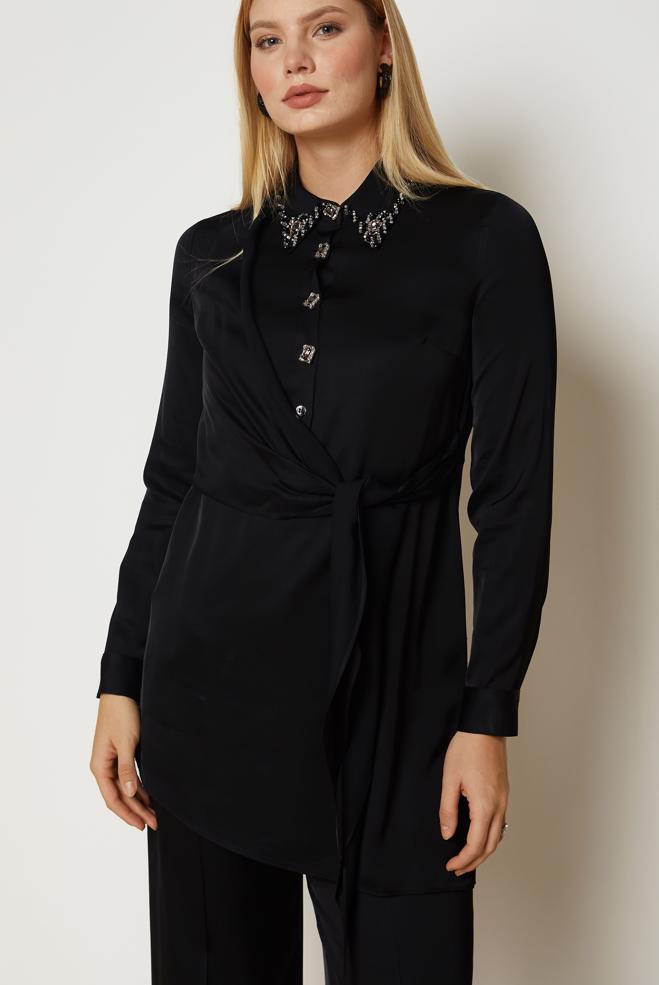 Hijab clothing BLACK TIED SATIN PANTSUIT 46891 - ALVİNA