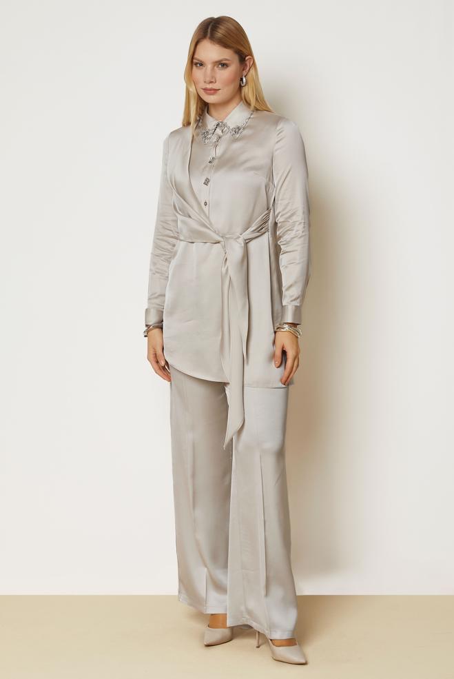 Hijab clothing BROWN TIED SATIN PANTSUIT 46891 - ALVİNA