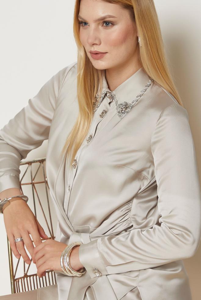 Hijab clothing BROWN TIED SATIN PANTSUIT 46891 - ALVİNA