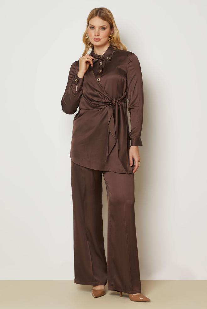 Hijab clothing BROWN TIED SATIN PANTSUIT 46891 - ALVİNA