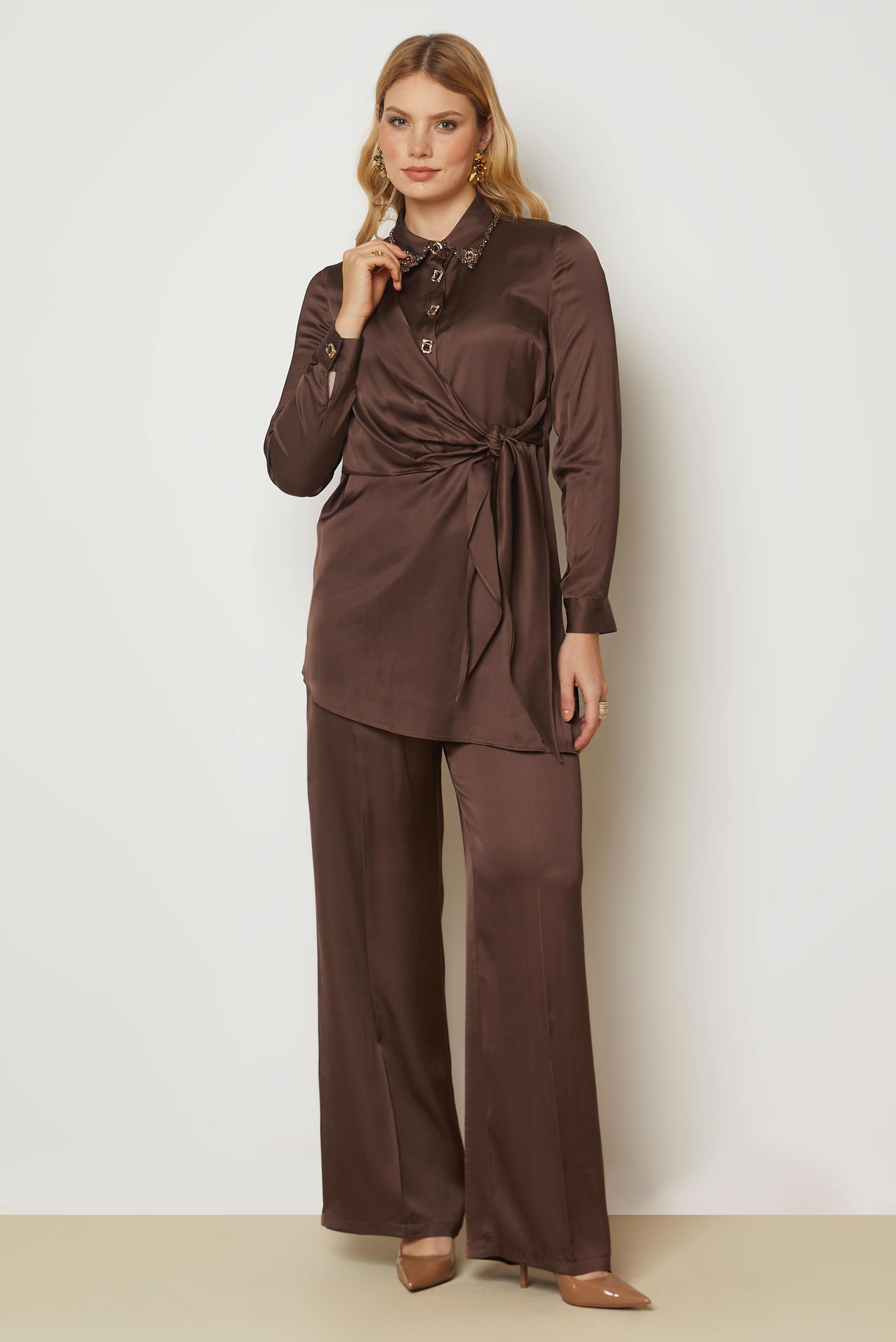 Hijab clothing BROWN TIED SATIN PANTSUIT 46891