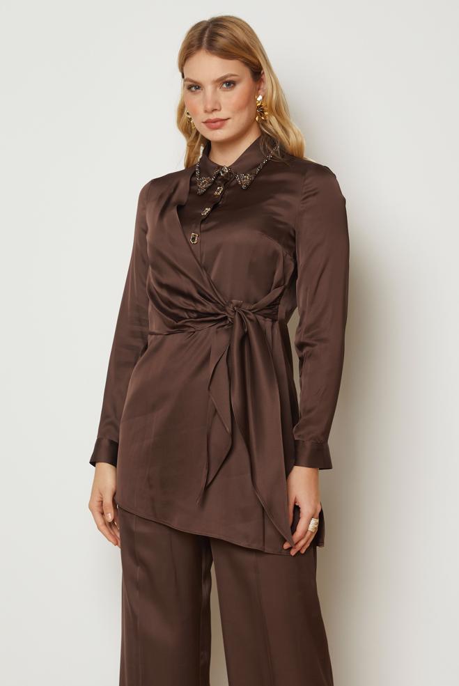 Hijab clothing BROWN TIED SATIN PANTSUIT 46891 - ALVİNA