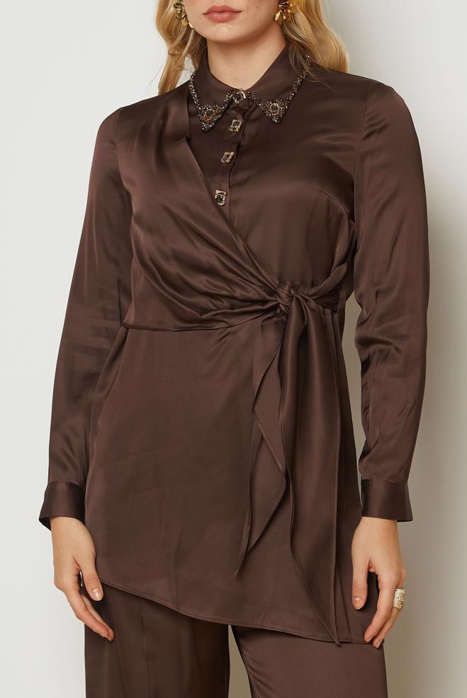 Hijab clothing BROWN TIED SATIN PANTSUIT 46891 - ALVİNA