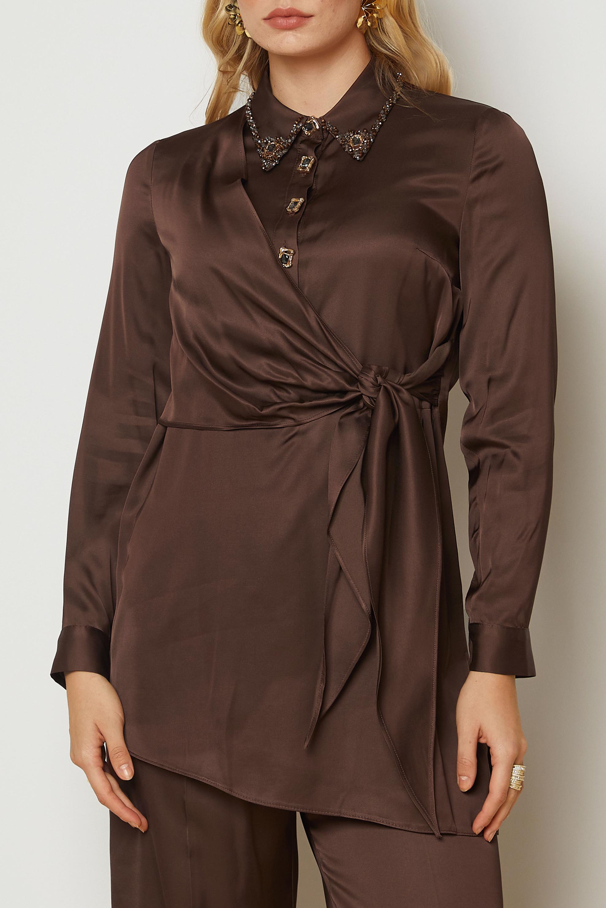 Hijab clothing BROWN TIED SATIN PANTSUIT 46891