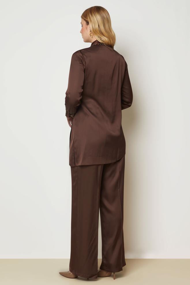 Hijab clothing BROWN TIED SATIN PANTSUIT 46891 - ALVİNA