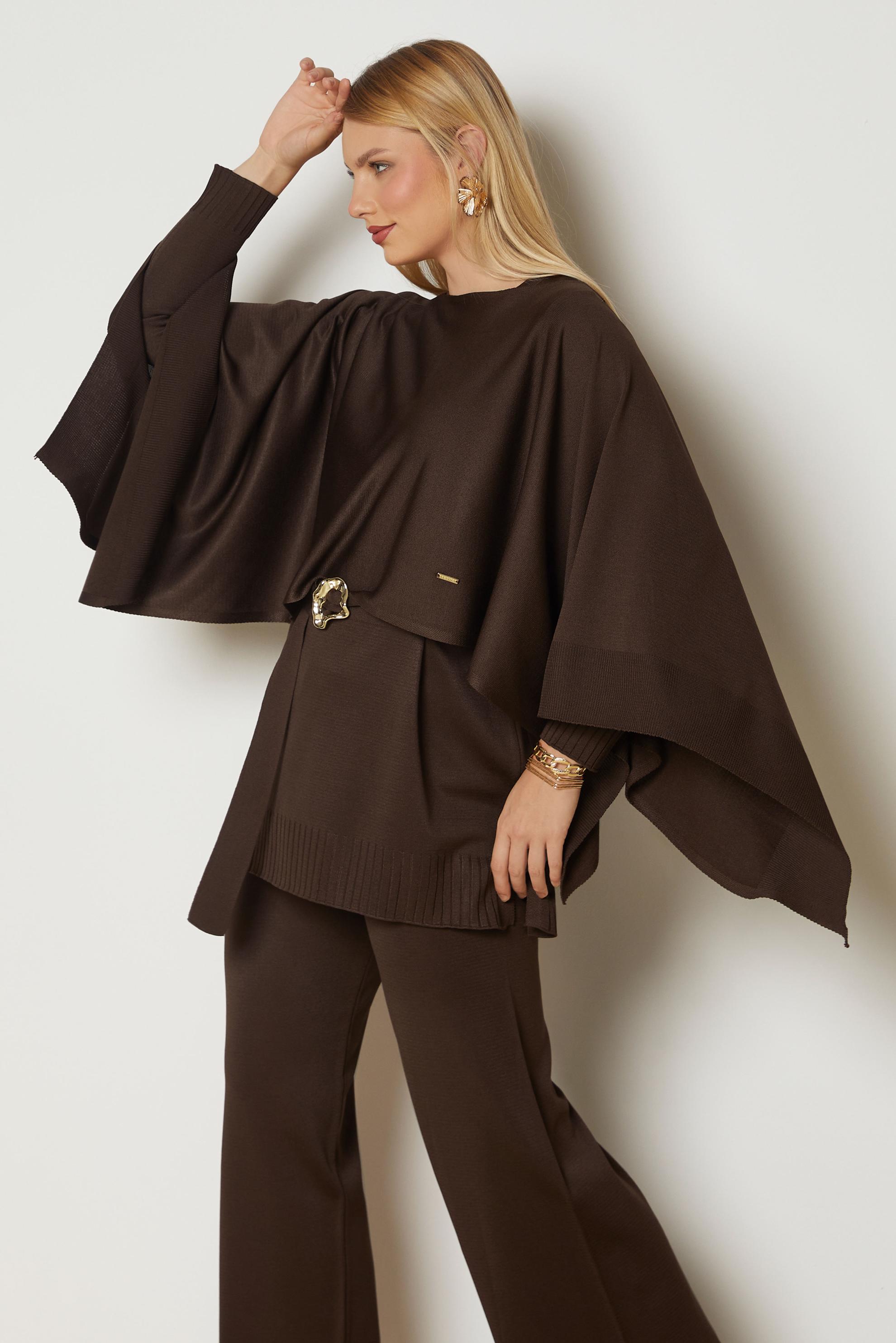 Hijab clothing BROWN BELTED THREE PIECE KNITWEAR PANTSUIT 46961