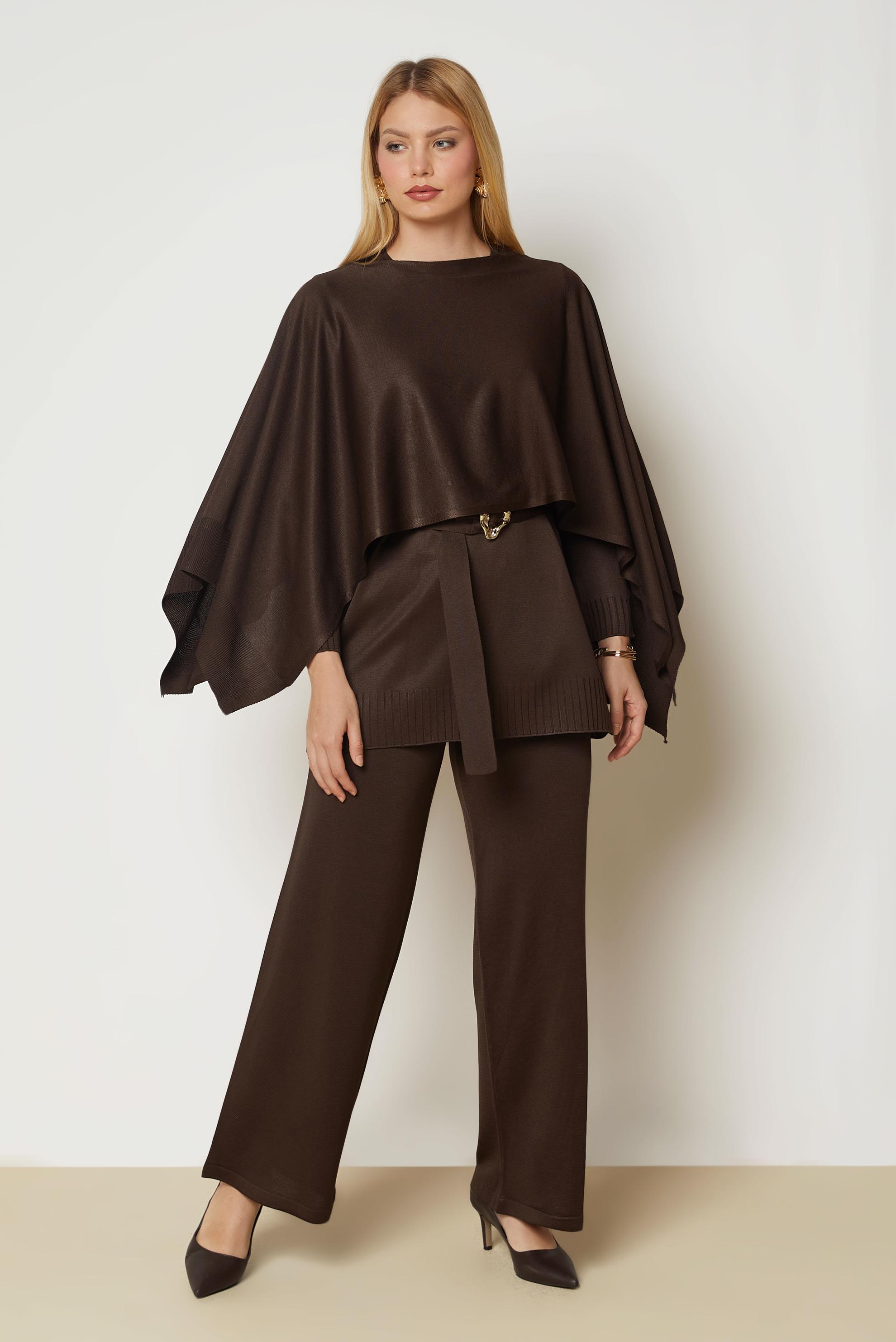 Hijab clothing BROWN BELTED THREE PIECE KNITWEAR PANTSUIT 46961