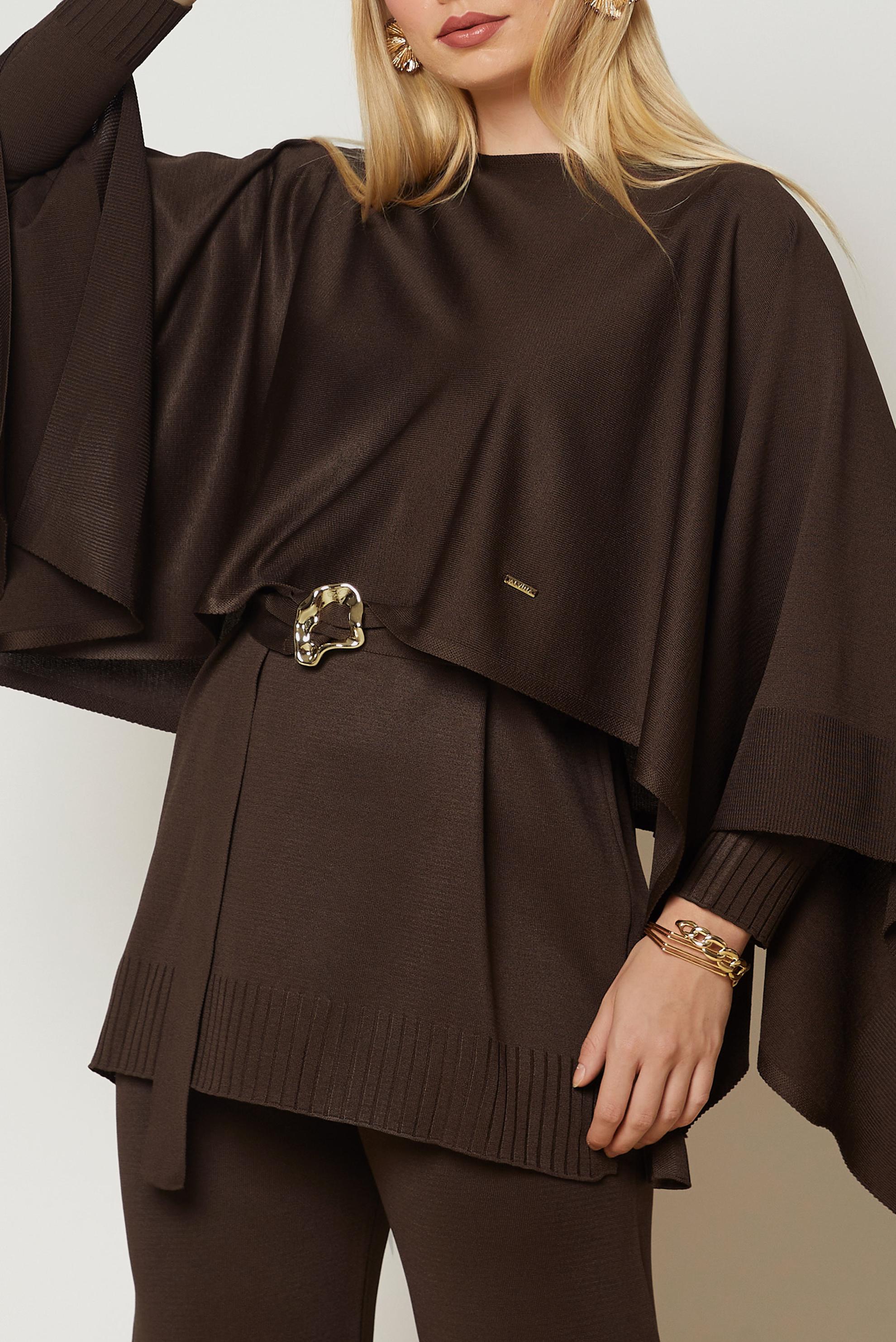 Hijab clothing BROWN BELTED THREE PIECE KNITWEAR PANTSUIT 46961