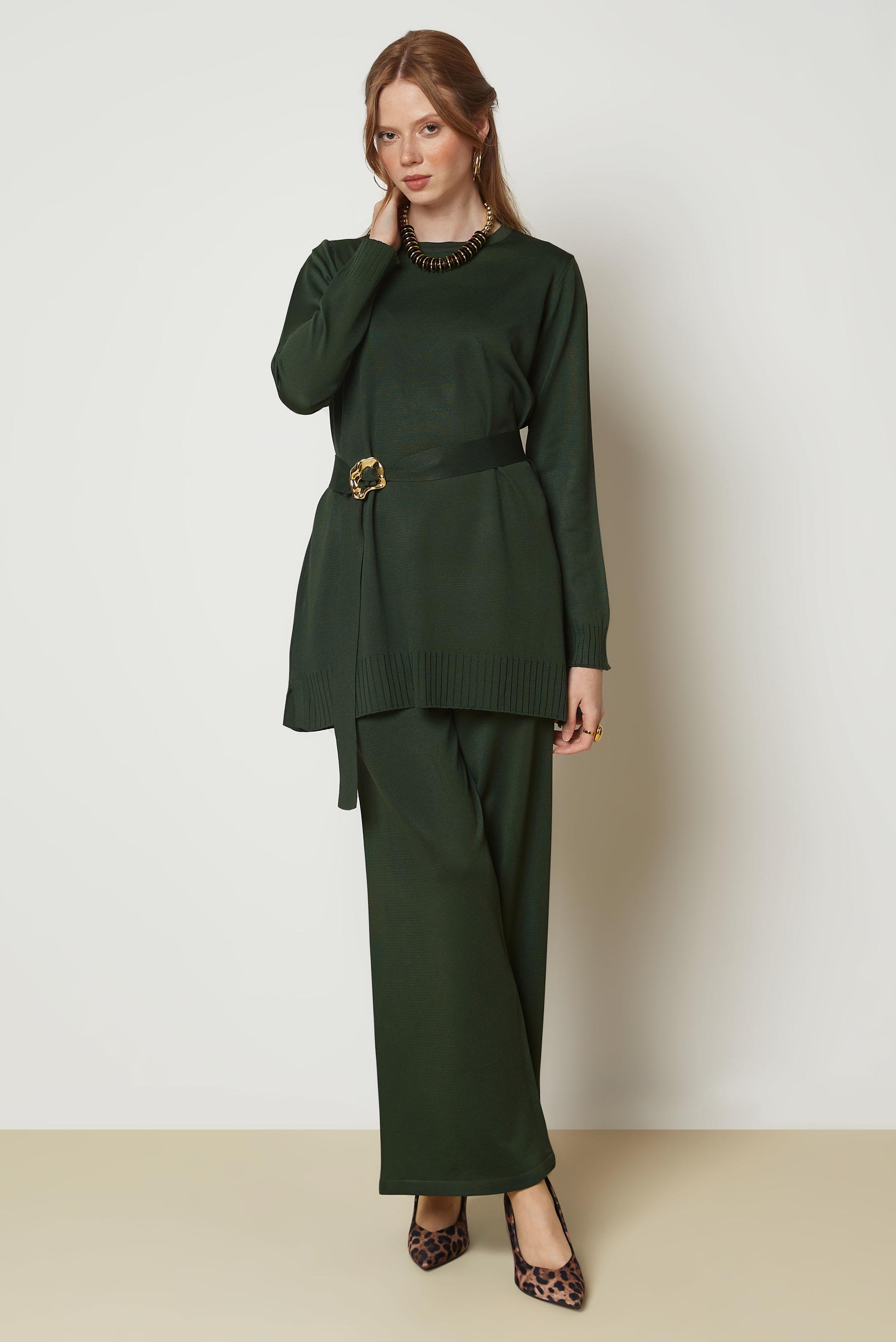 Hijab clothing GREEN BELTED KNITWEAR PANTSUIT 46962
