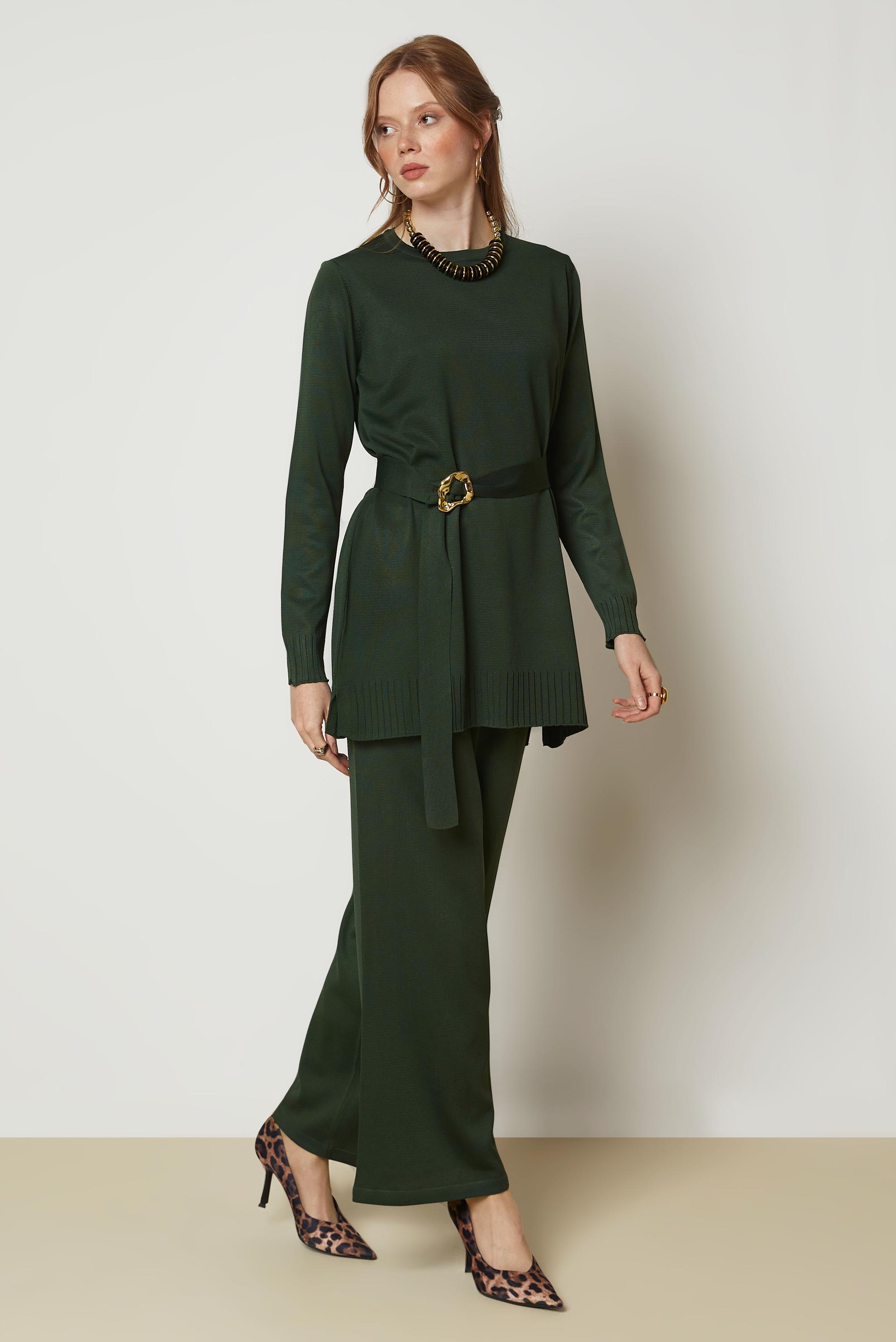 Hijab clothing GREEN BELTED KNITWEAR PANTSUIT 46962