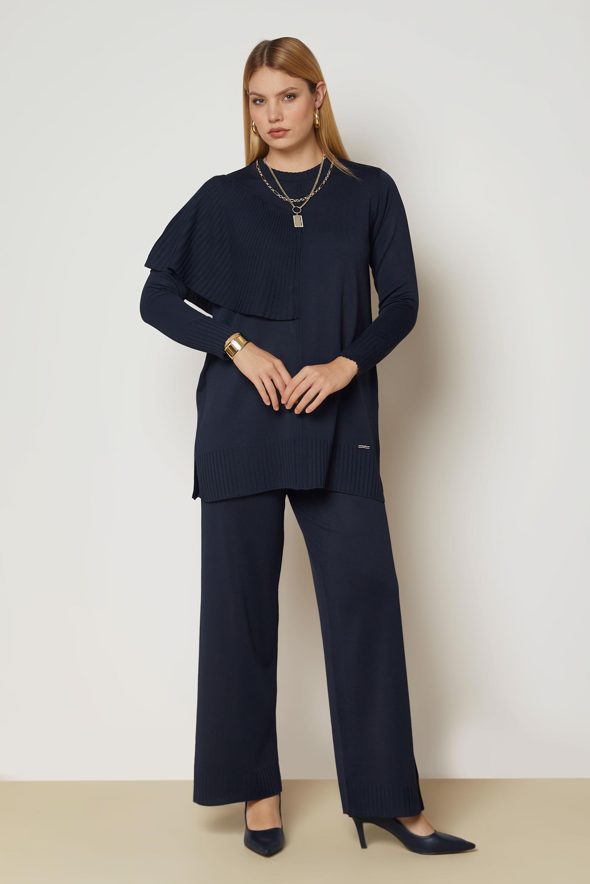 Vêtements hijab BLEU MARINE ENSEMBLE PANTALON EN TRICOT DÉTAIL CAPE 46963