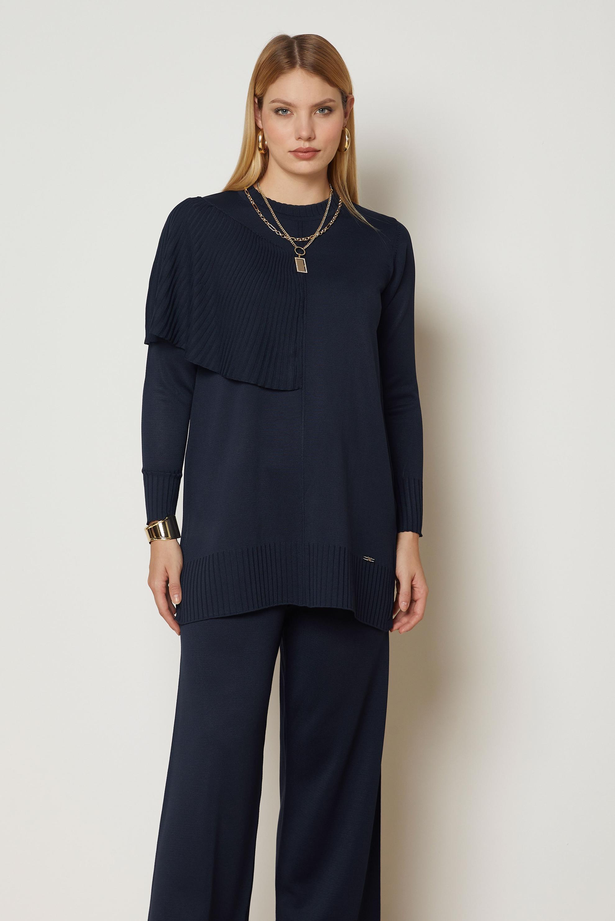 Vêtements hijab BLEU MARINE ENSEMBLE PANTALON EN TRICOT DÉTAIL CAPE 46963