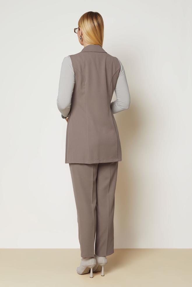 Tesettür giyim KAHVE PİLİSE DETAYLI PANTOLONLU TAKIM 46995 - ALVİNA