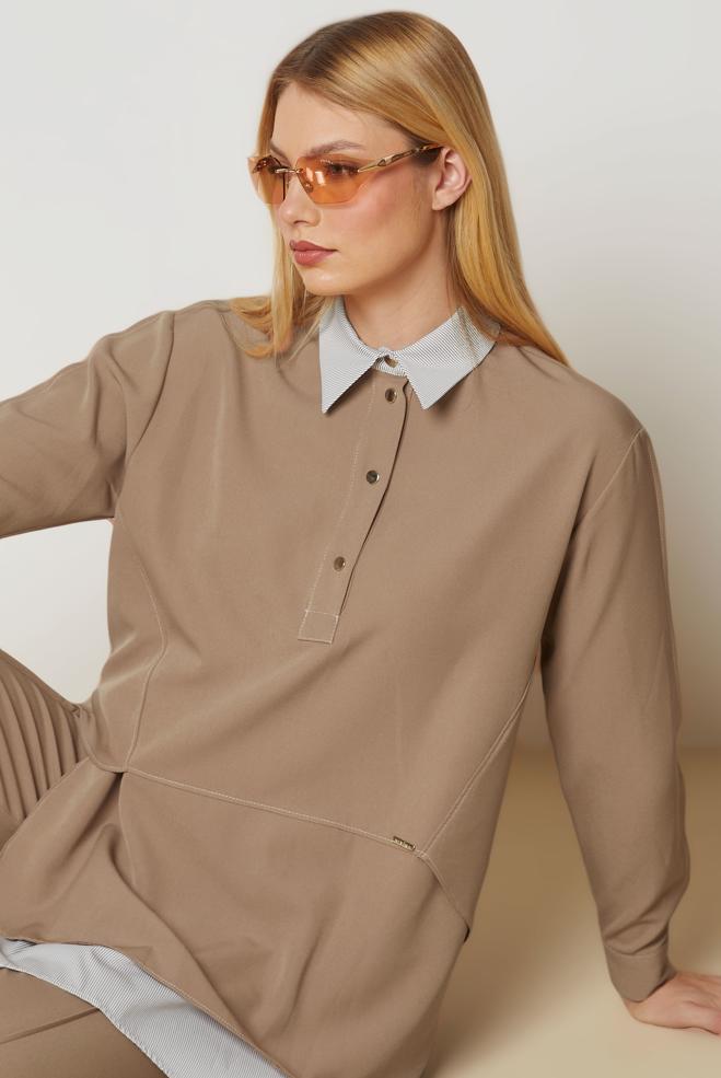 Hijab clothing BROWN SHIRT COLLAR PANTSUIT 47008 - ALVİNA
