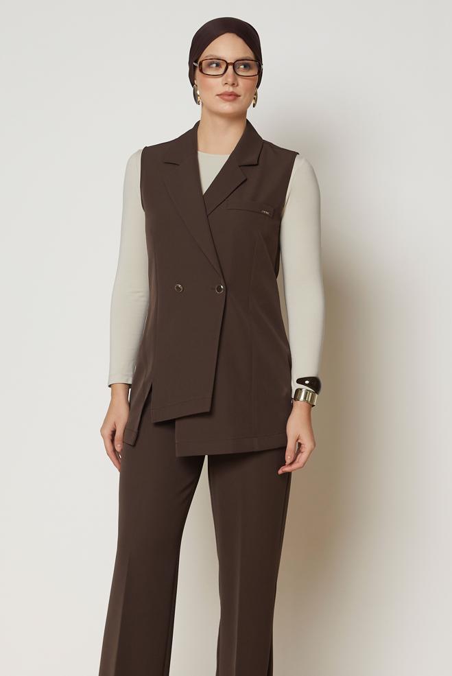 Hijab clothing BROWN DOUBLE-BREASTED PANTSUIT 47027 - ALVİNA
