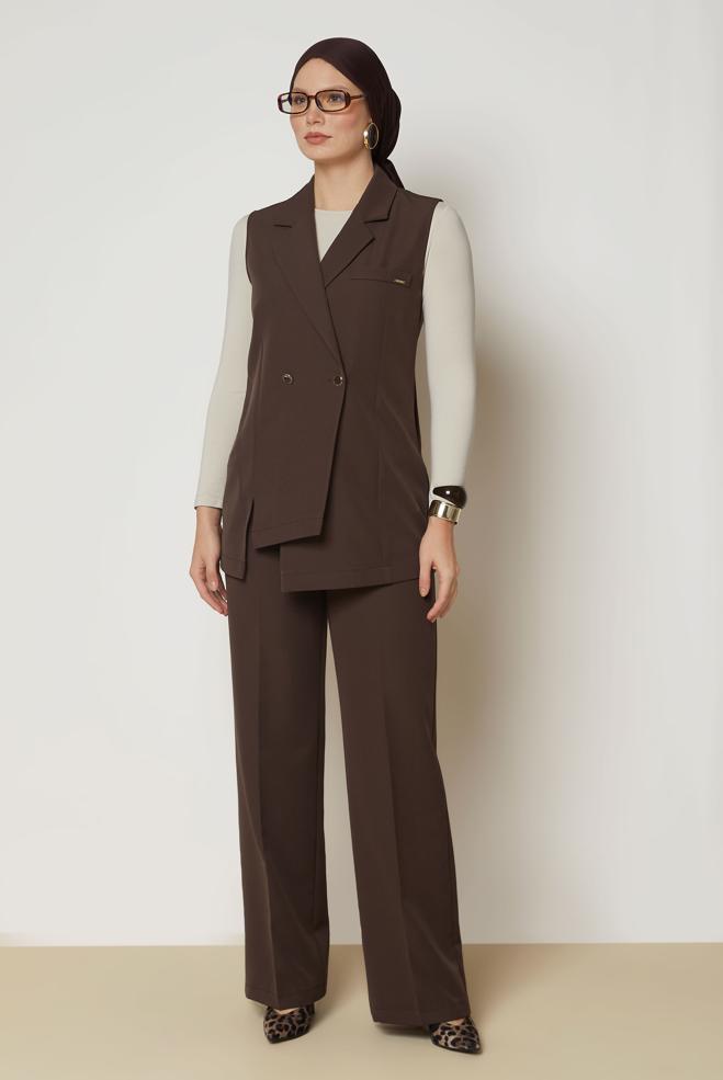 Hijab clothing BROWN DOUBLE-BREASTED PANTSUIT 47027 - ALVİNA